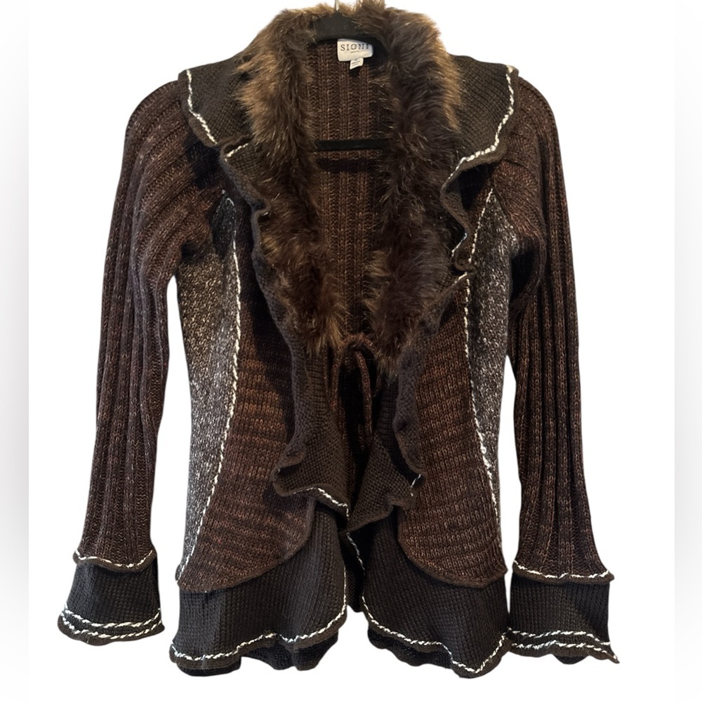 Sioni Faux Fur trimmed Cardigan Sweater Sz PM
